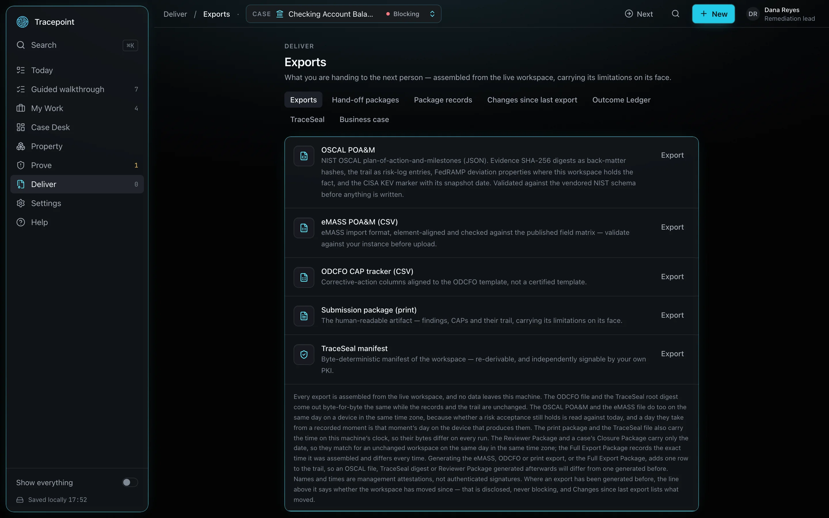 The Deliver surface: the Full Export Package, the Reviewer Package, and the interoperability exports, each with its status