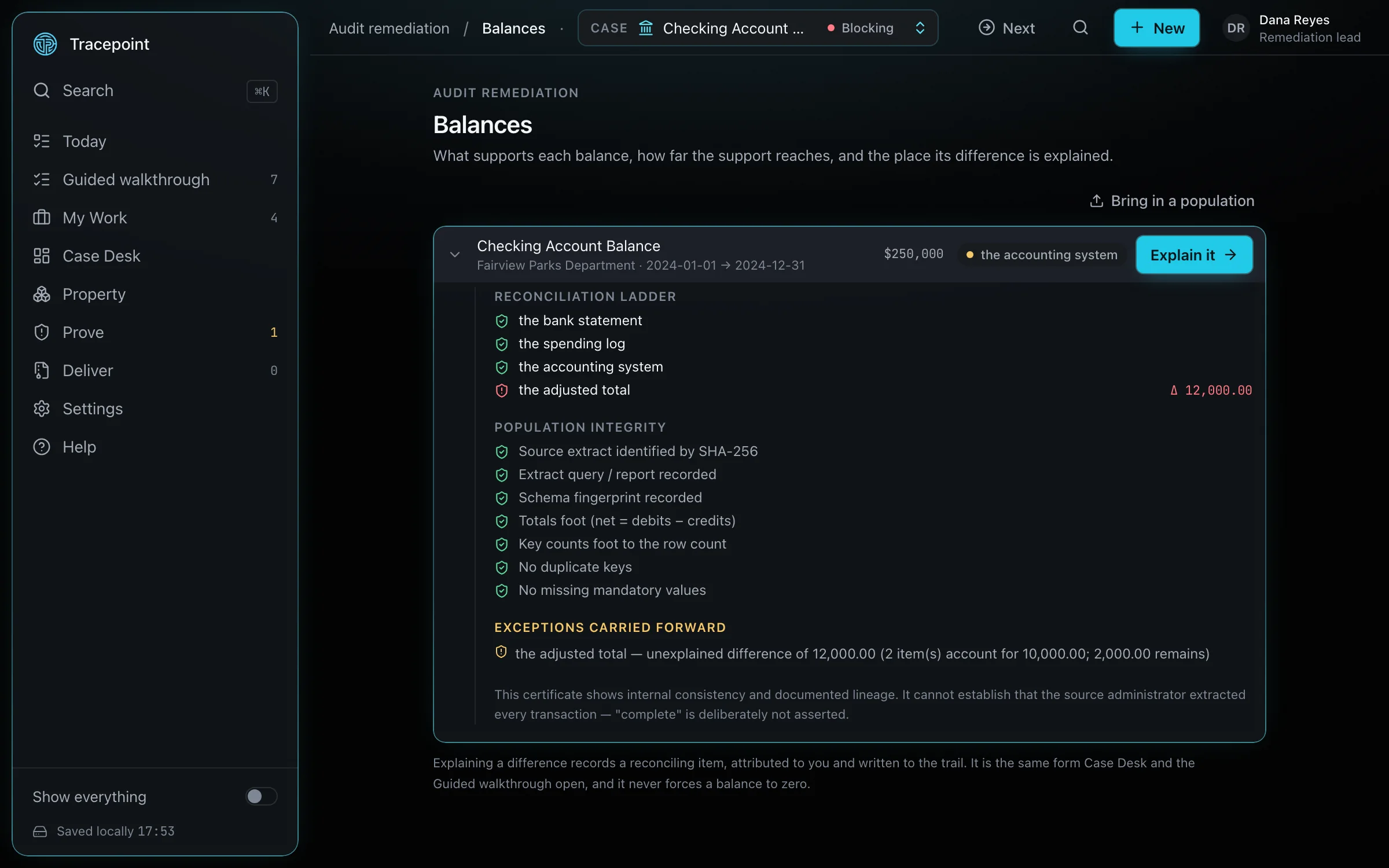 The reconciliation ladder from source records to the reported balance, with an unexplained difference shown as unexplained